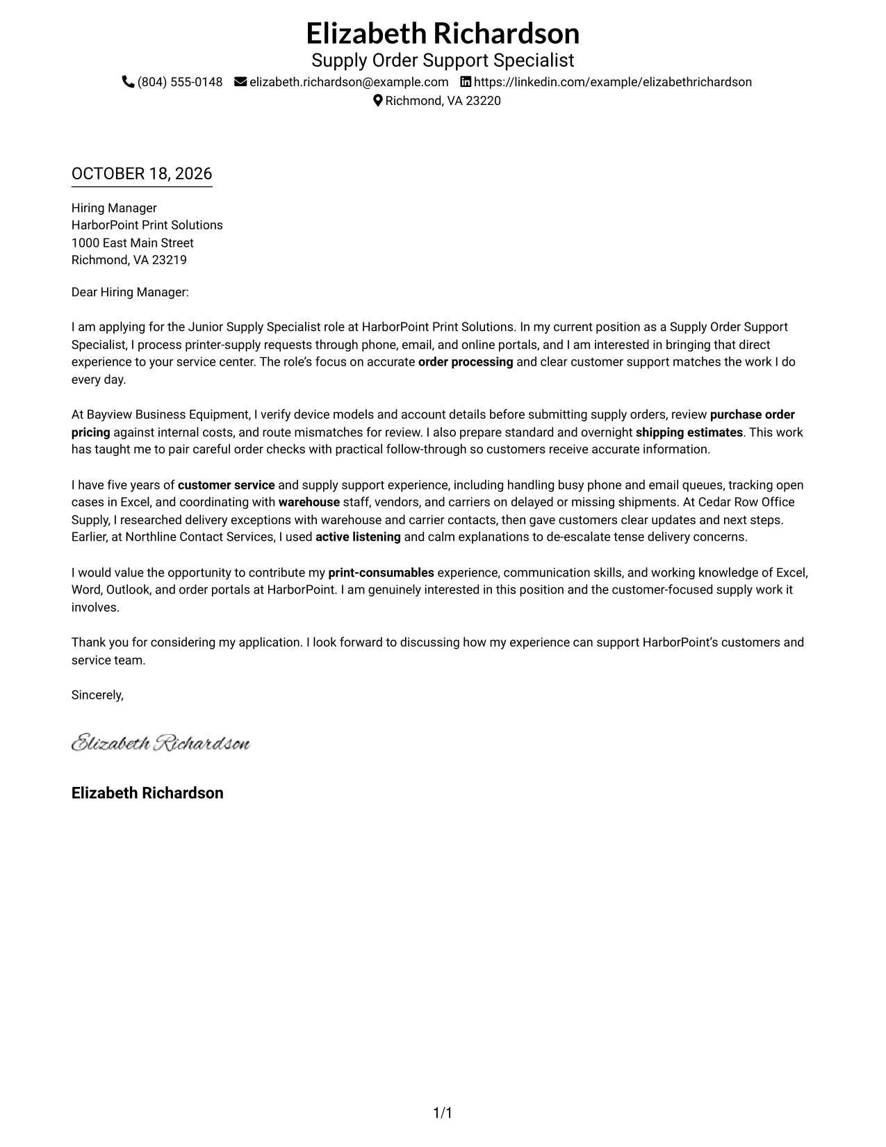Cover letter example — page 1