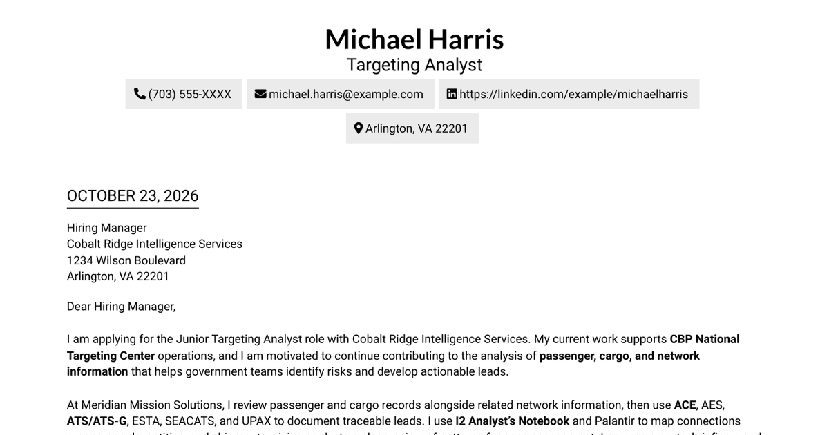 7 Junior Targeting Analyst - Passenger, Cargo, and Network Analysis Cover Letter Templates with Example