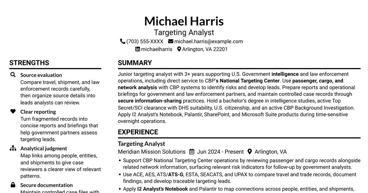 7 Junior Targeting Analyst - Passenger, Cargo, and Network Analysis Resume Templates with Example