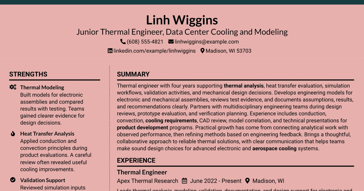 33 Junior Thermal Engineer - Data Center Cooling and Modeling Resume Templates with Example 2026 (ATS-Optimized)