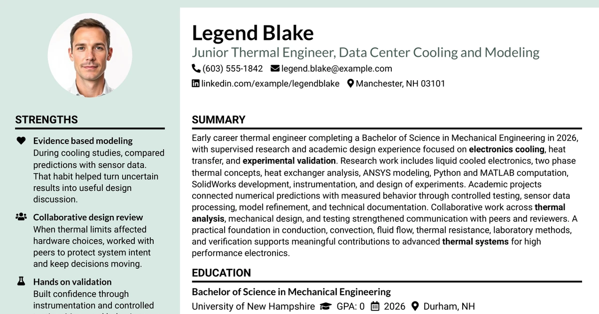 33 Junior Thermal Engineer - Data-Center Cooling & Modeling Resume Templates with Example 2026 (ATS-Optimized)