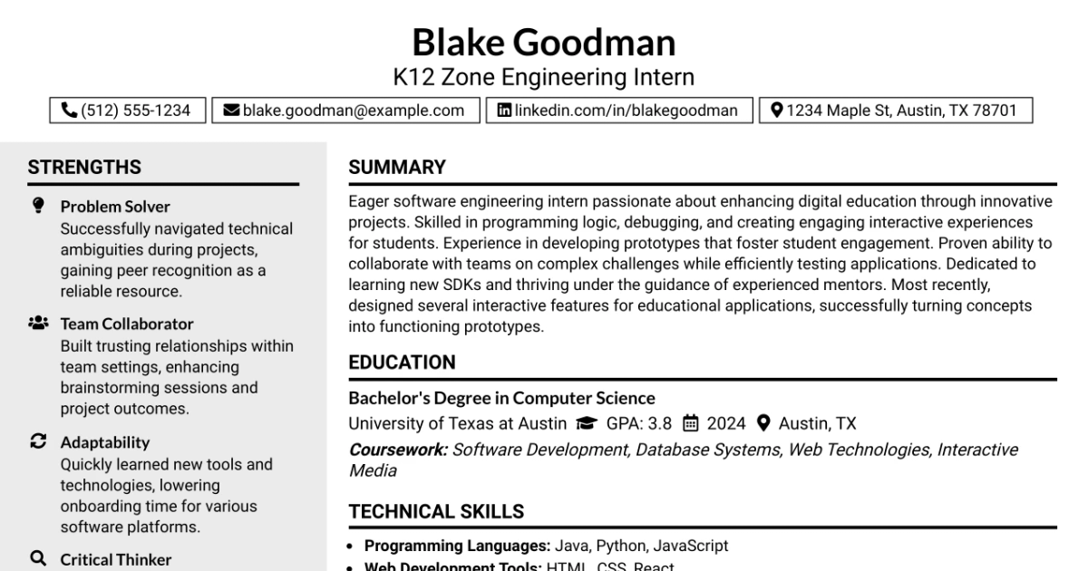 33 K12 Zone Engineering Intern Resume Templates with Example 2026 (ATS-Optimized)
