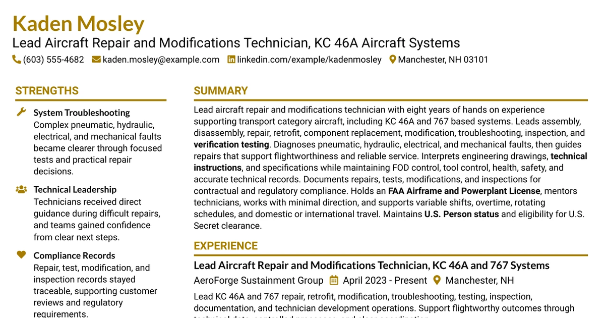 33 KC-46 Lead Repair/Modifications Technician Resume Templates with Example