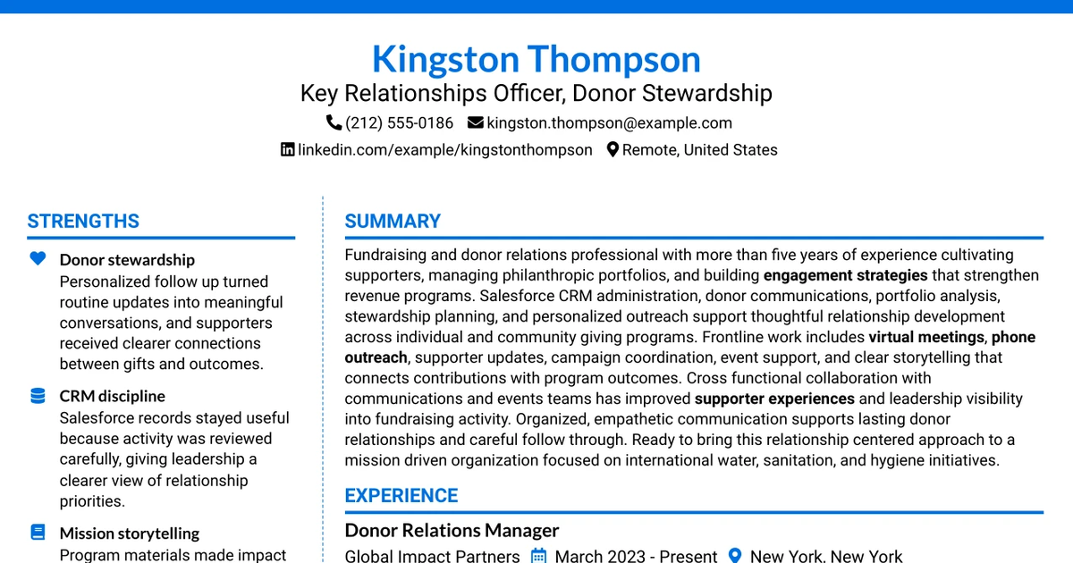 33 Key Relationships Officer - Donor Stewardship Resume Templates with Example
