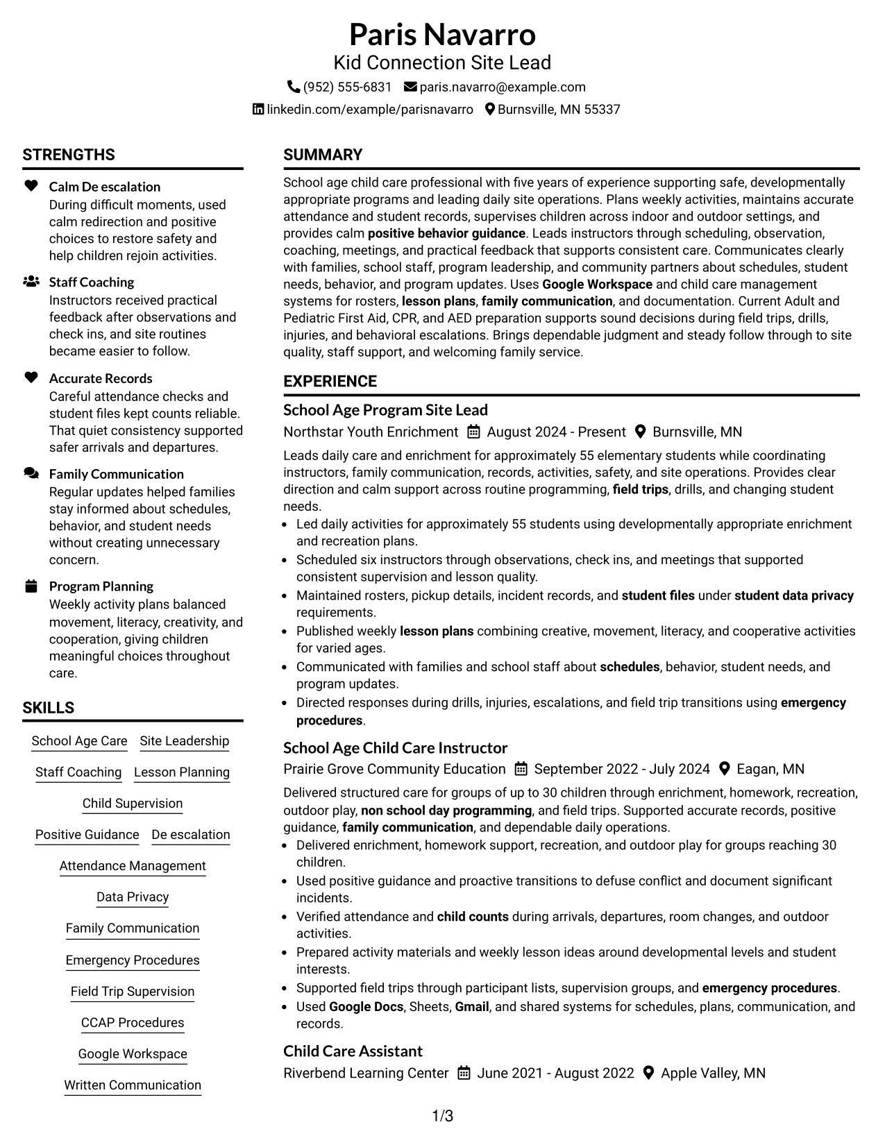 Resume Example Page 1