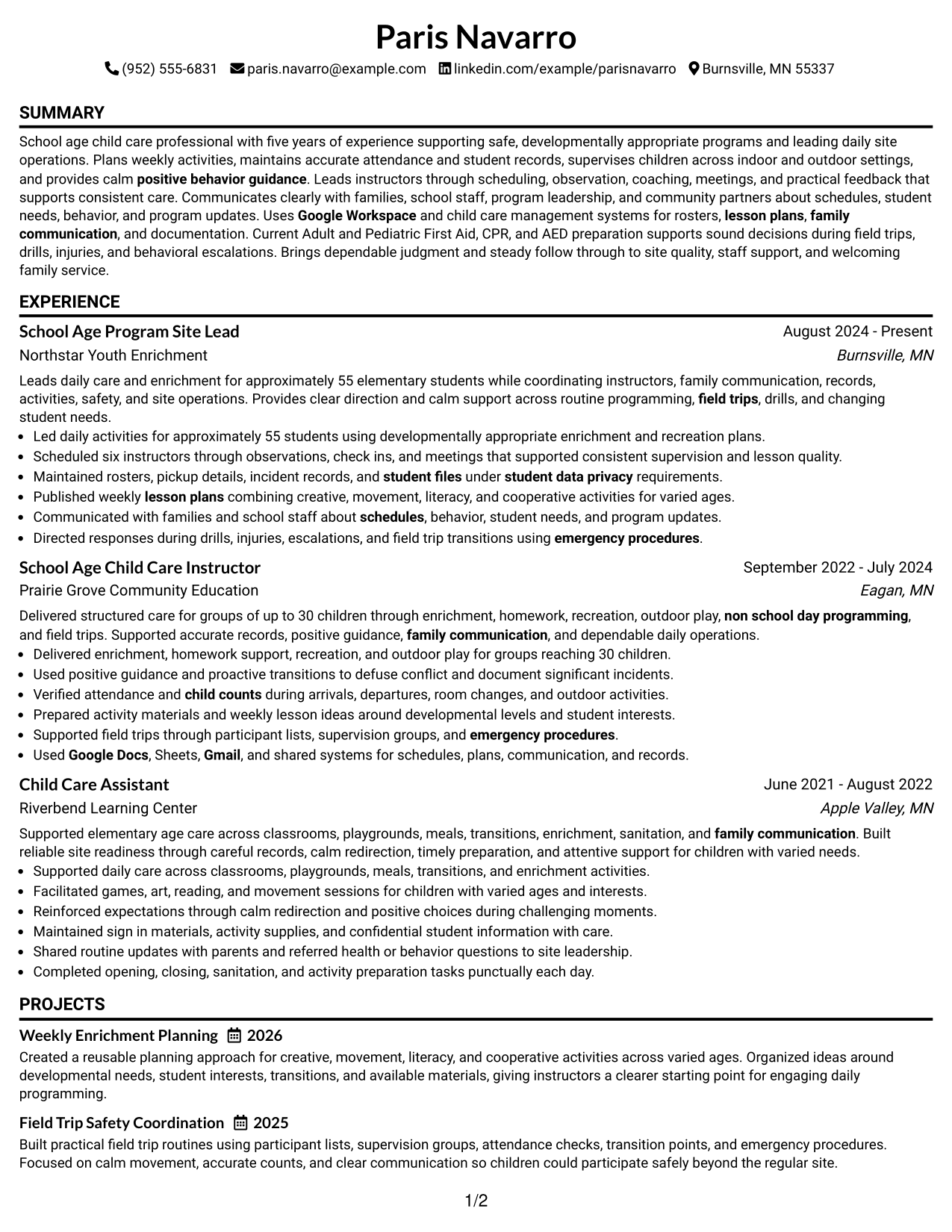 Resume Example Page 1