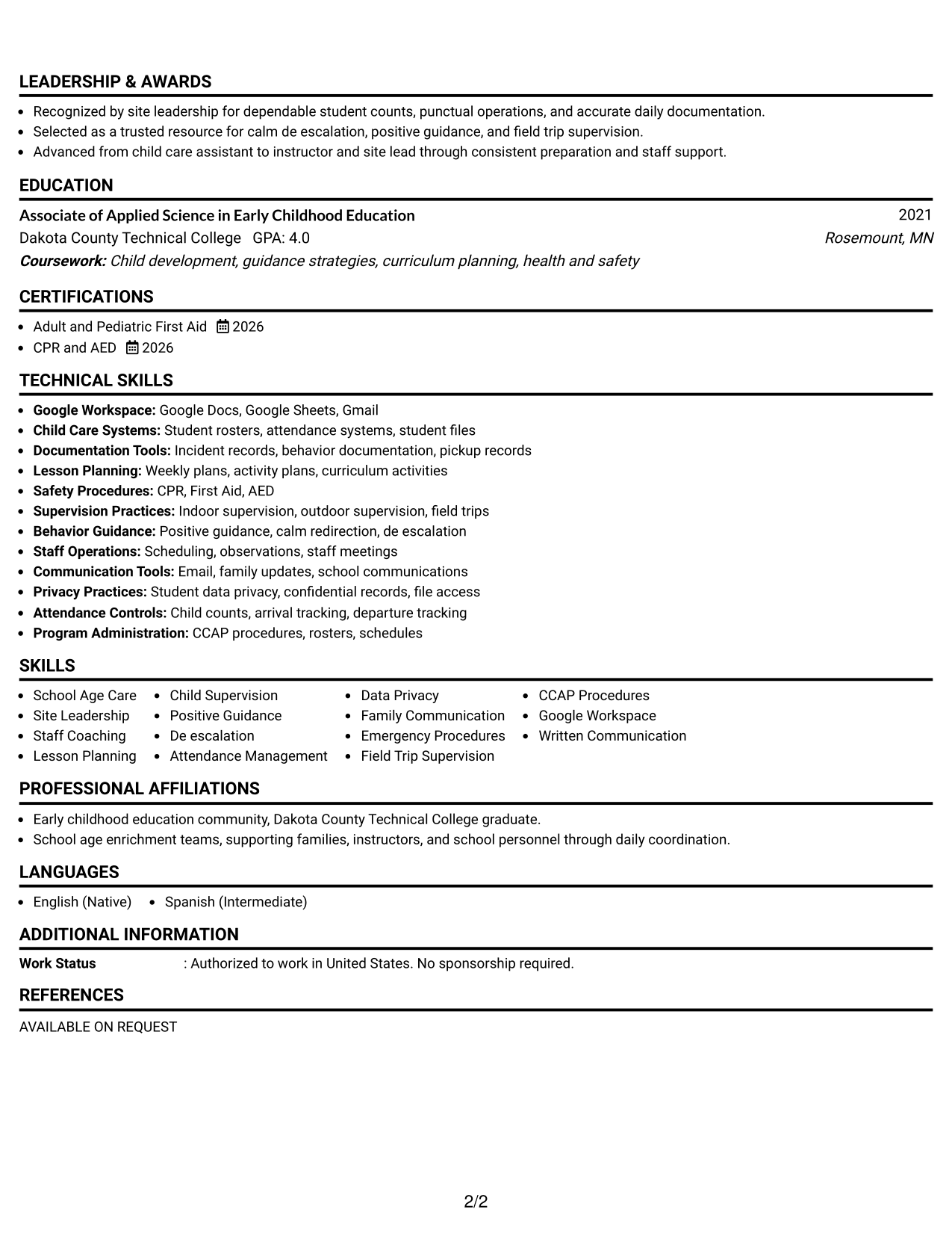 Resume Example Page 2