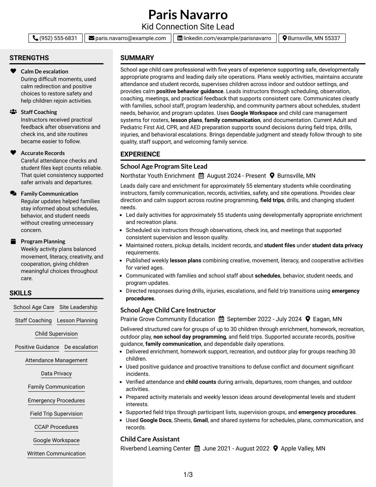 Resume Example Page 1