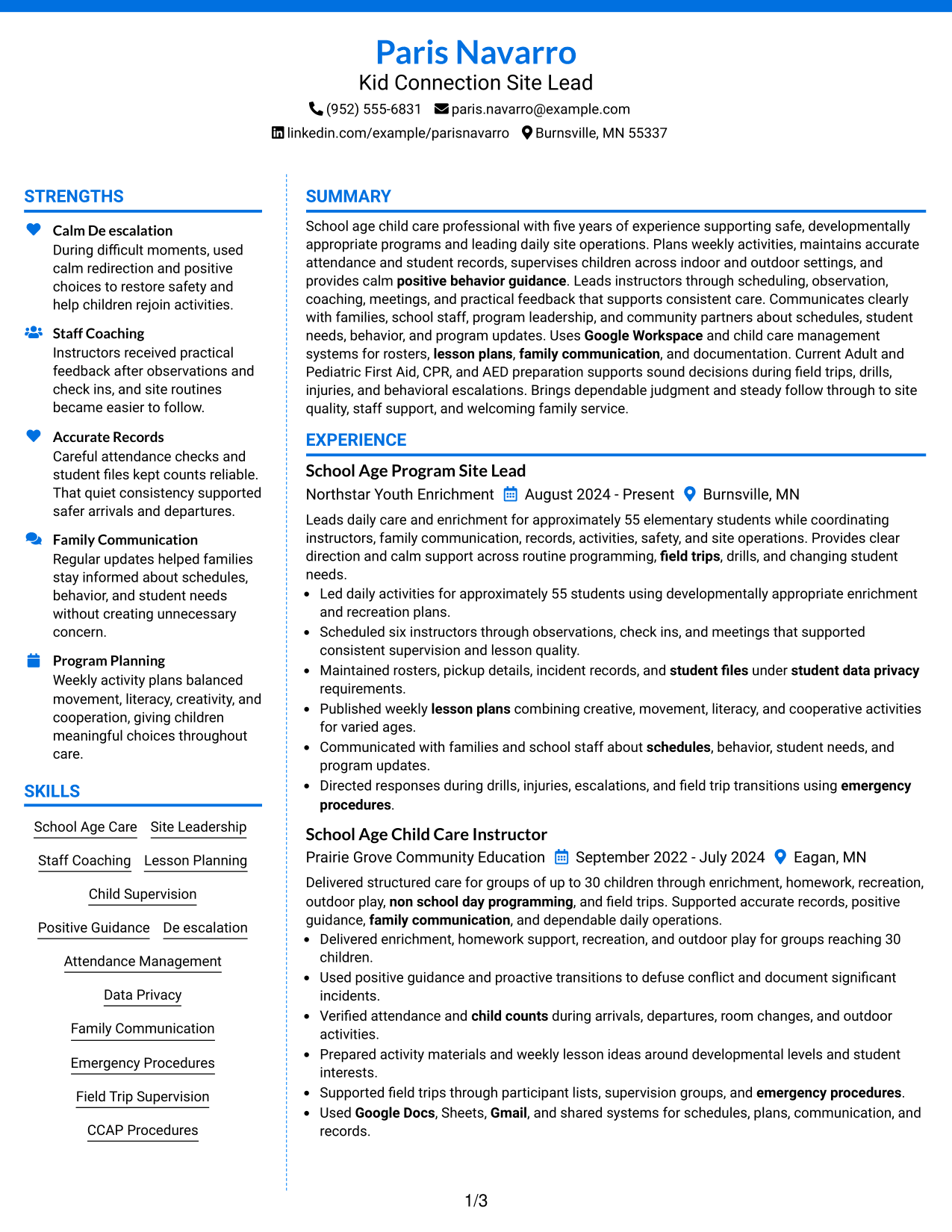 Resume Example Page 1