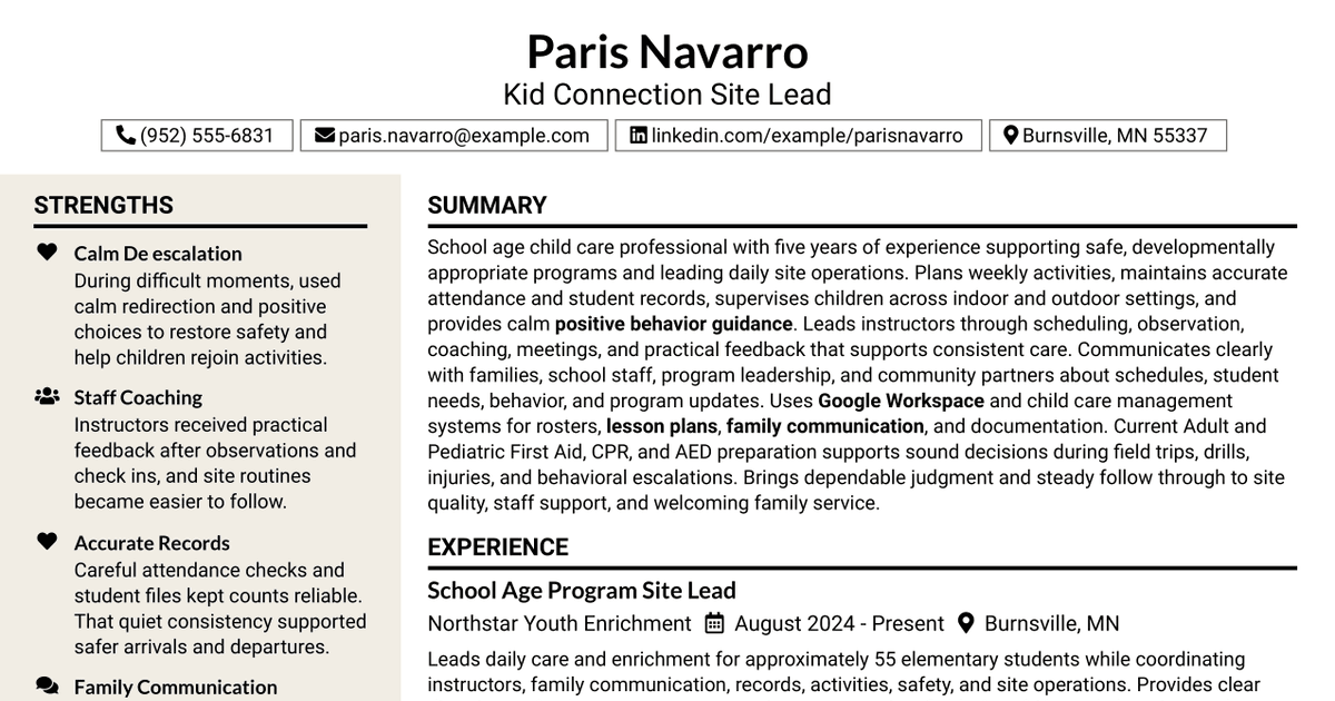 7 Kid Connection Site Lead Resume Templates with Example