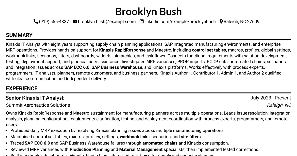 7 Kinaxis IT Analyst Resume Templates with Example