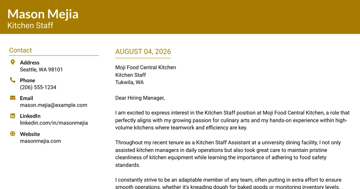 30+ Kitchen Staff Cover Letter Templates with Example 2026