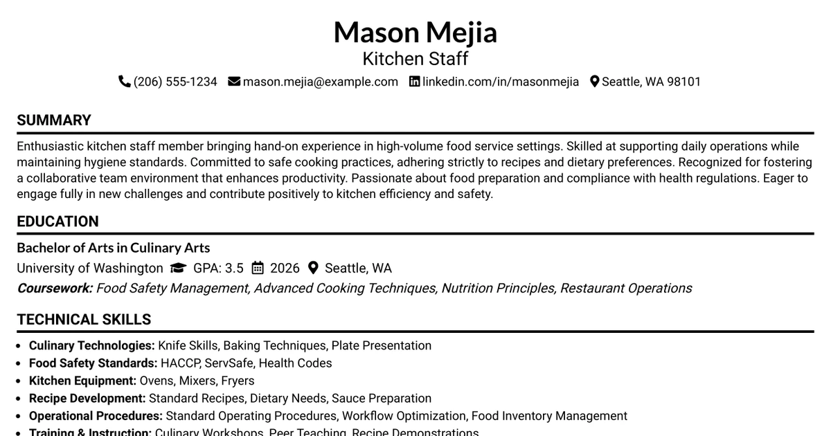 33 Kitchen Staff Resume Templates with Example 2026 (ATS-Optimized)