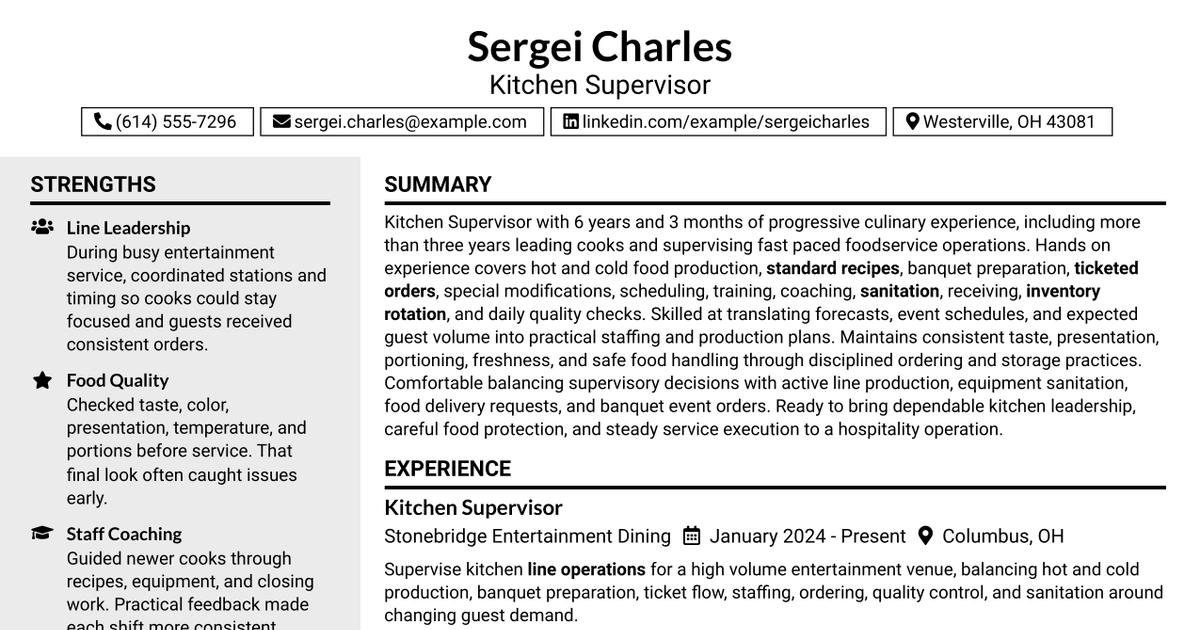7 Kitchen Supervisor Resume Templates with Example