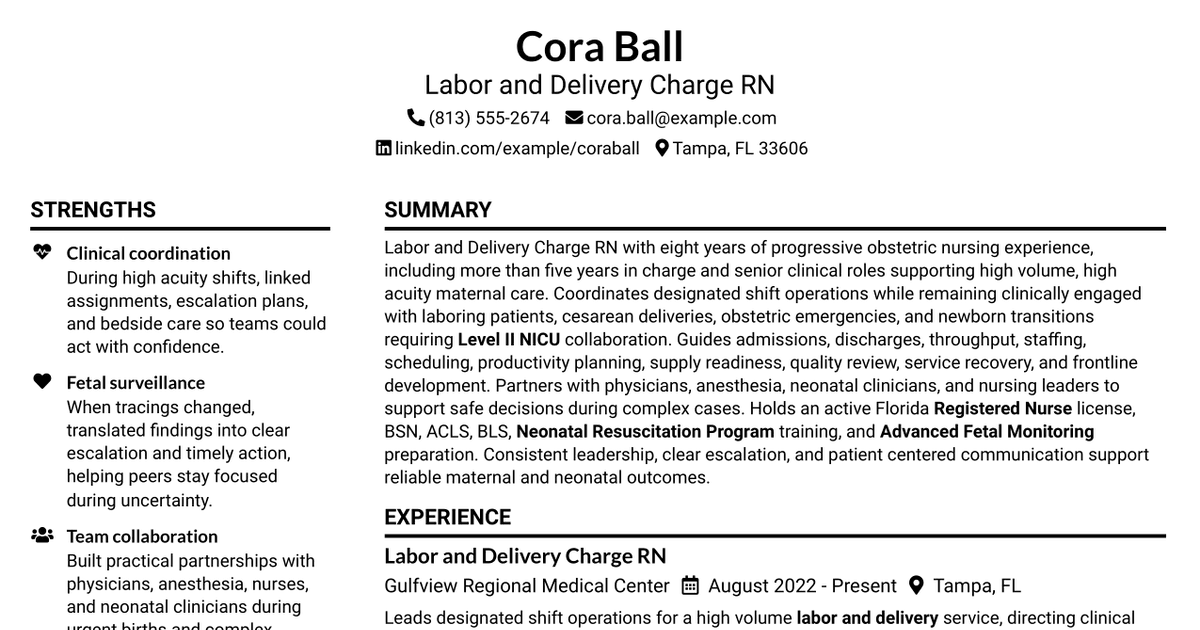 7 Labor and Delivery Charge RN Resume Templates with Example