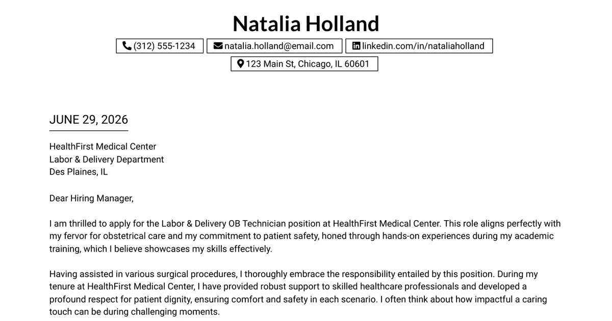 30+ Labor & Delivery OB Technician Cover Letter Templates with Example 2026