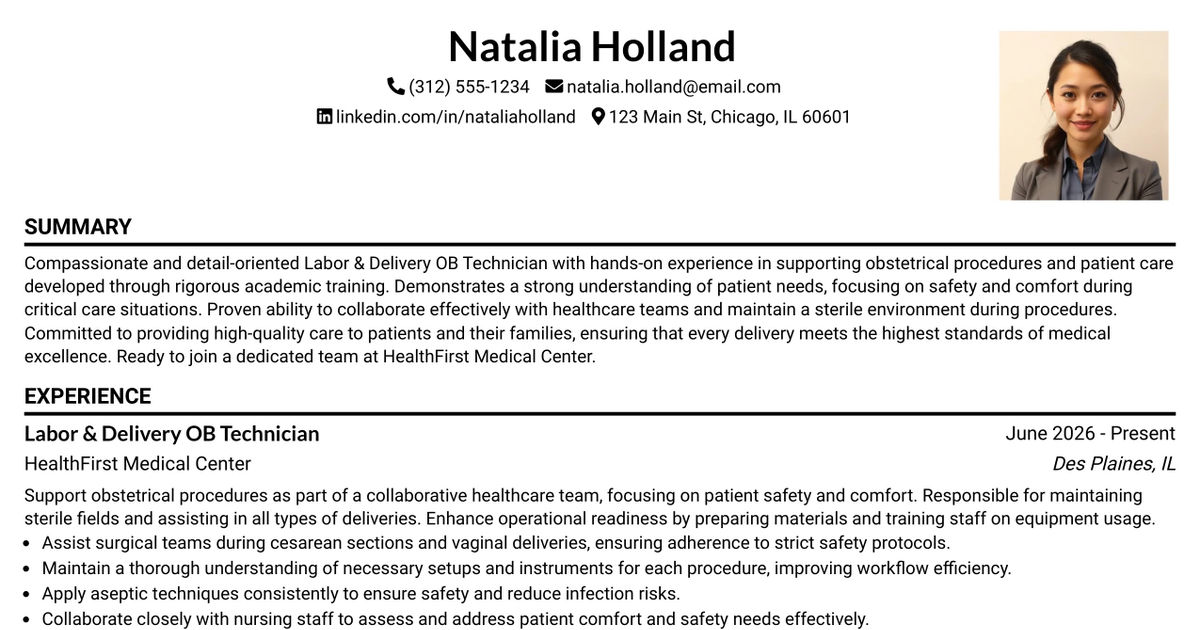33 Labor & Delivery OB Technician Resume Templates with Example 2026 (ATS-Optimized)
