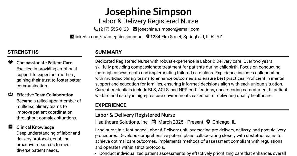 33 Labor & Delivery Registered Nurse (RN) Resume Templates with Example 2026