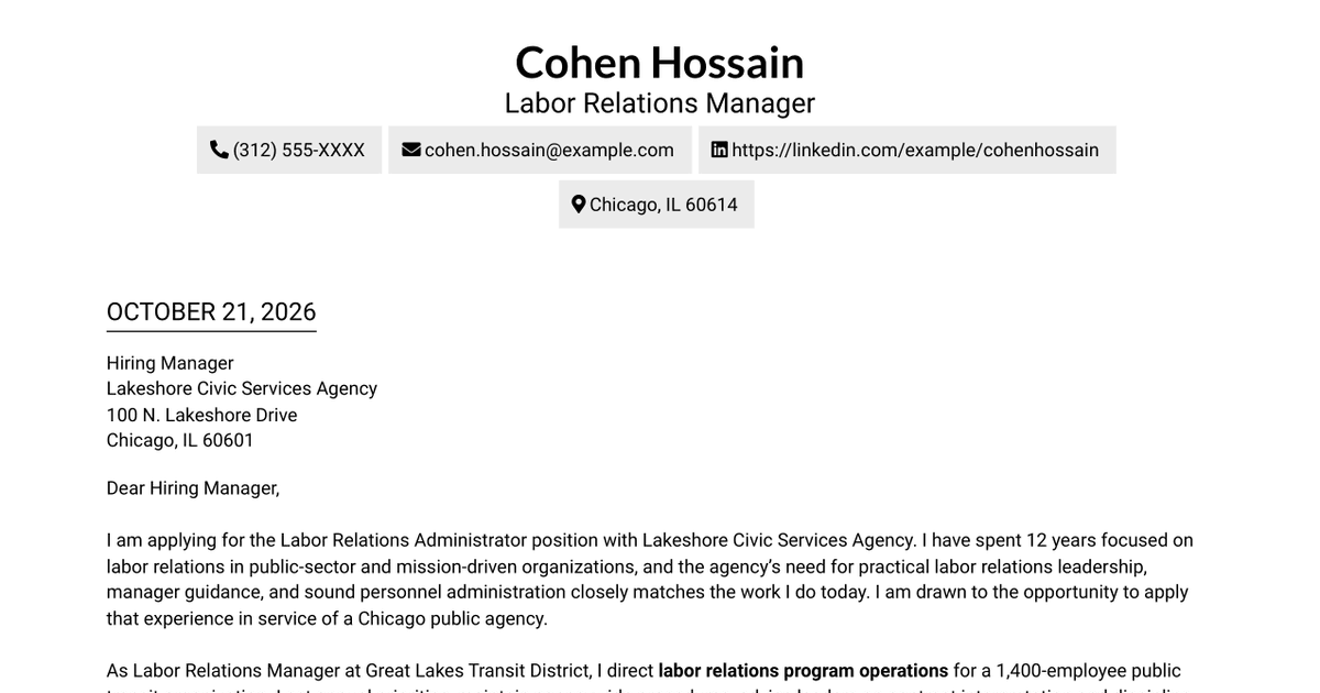 7 Labor Relations Administrator - Public Sector Cover Letter Templates with Example