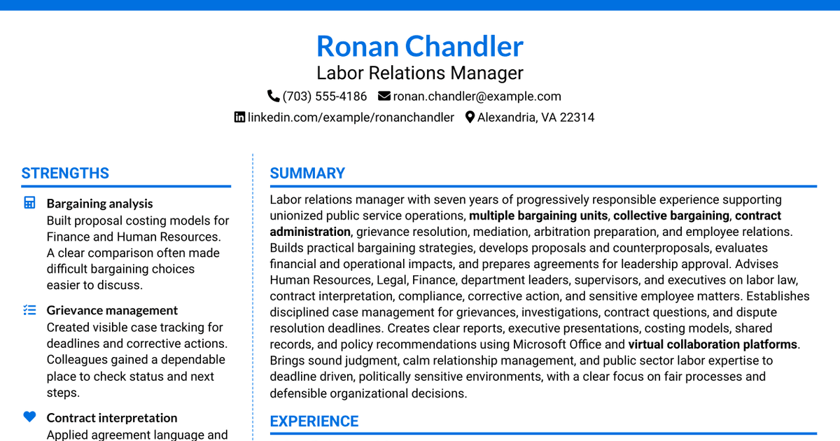 7 Labor Relations Manager Resume Templates with Example