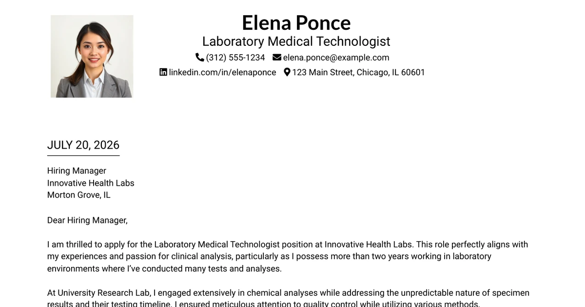 30+ Laboratory Medical Technologist Cover Letter Templates with Example 2026