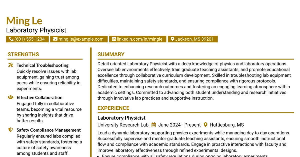 33 Laboratory Physicist Resume Templates with Example 2026 (ATS-Optimized)