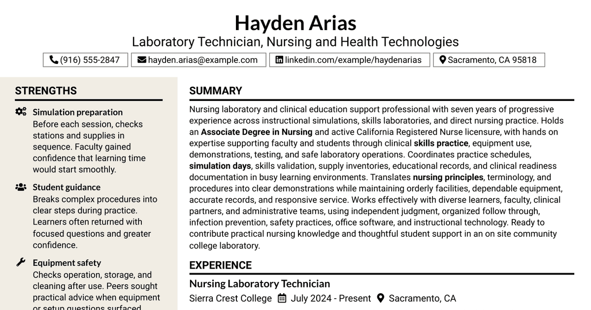 7 Laboratory Technician, Nursing - Nursing and Health Technologies Resume Templates with Example