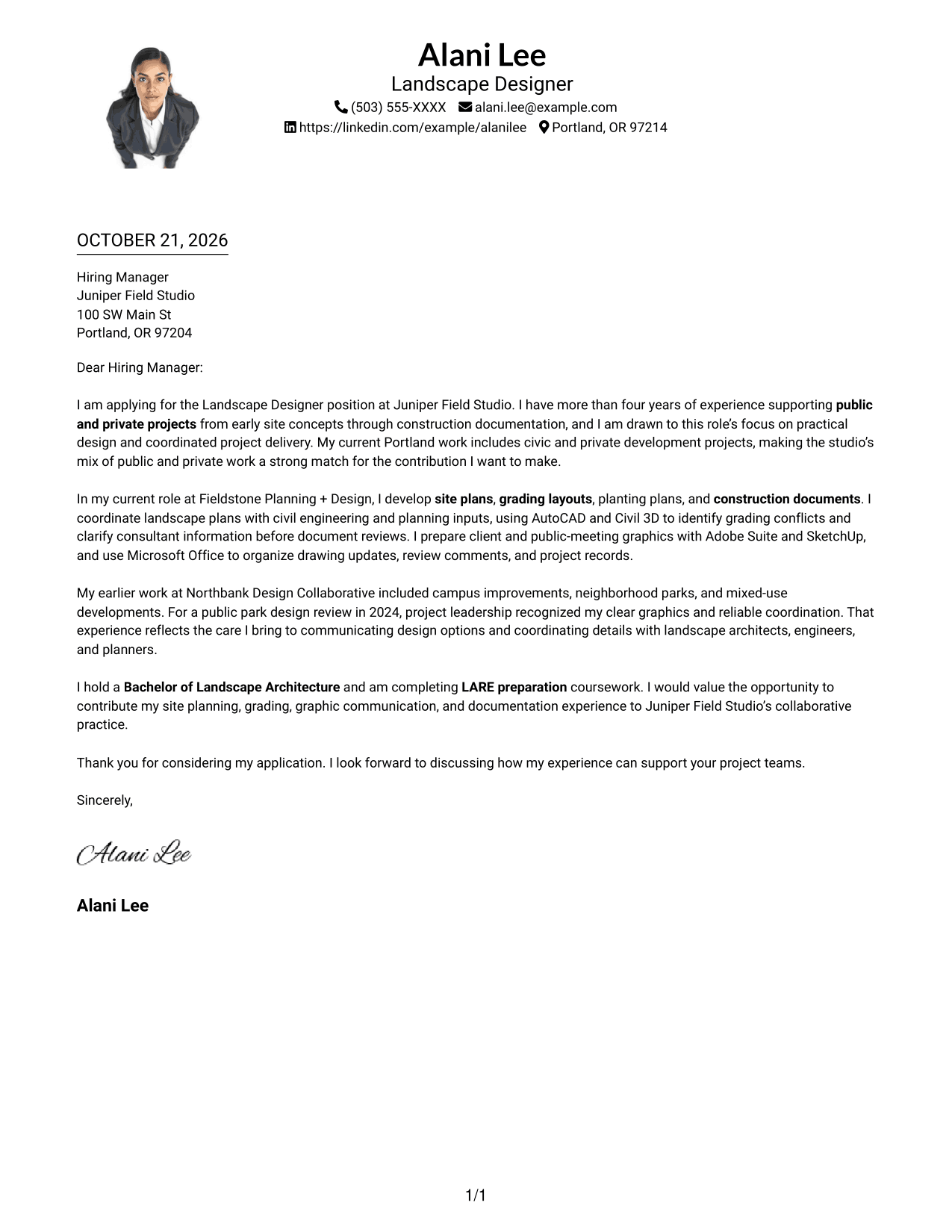 Cover letter example — page 1