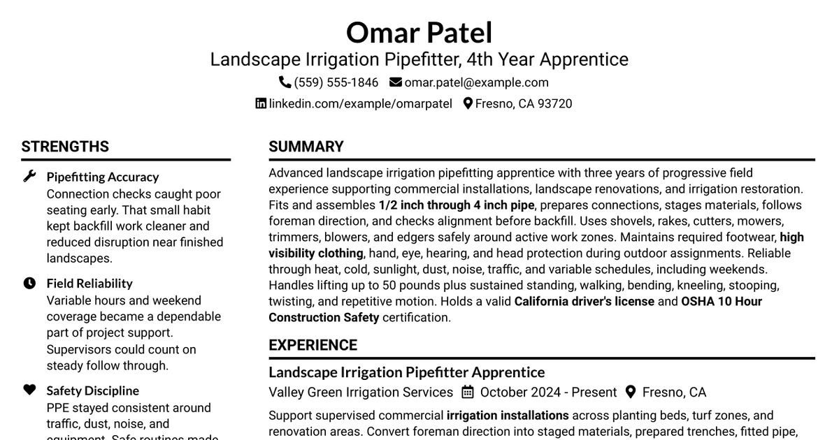 7 Landscape Irrigation Pipefitter 4th Yr Apprentice Resume Templates with Example
