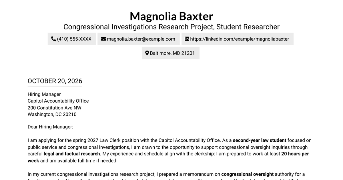 7 Law Clerk - Congressional Investigations Cover Letter Templates with Example