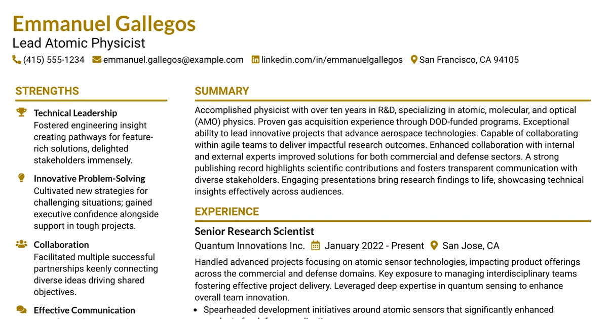 33 Lead Atomic Physicist Resume Templates with Example 2026 (ATS-Optimized)