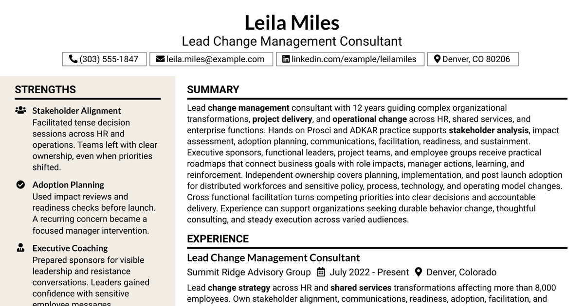 7 Lead Change Management Consultant Resume Templates with Example