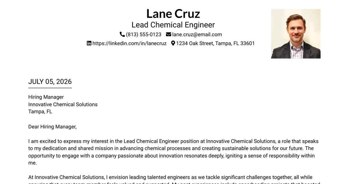 30+ Lead Chemical Engineer Cover Letter Templates with Example 2026