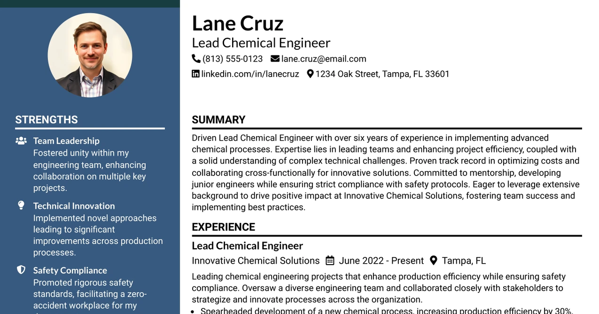 33 Lead Chemical Engineer Resume Templates with Example 2026 (ATS-Optimized)