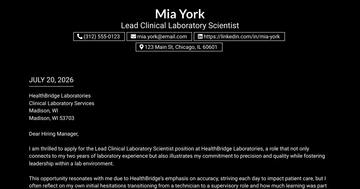 30+ Lead Clinical Laboratory Scientist Cover Letter Templates with Example 2026