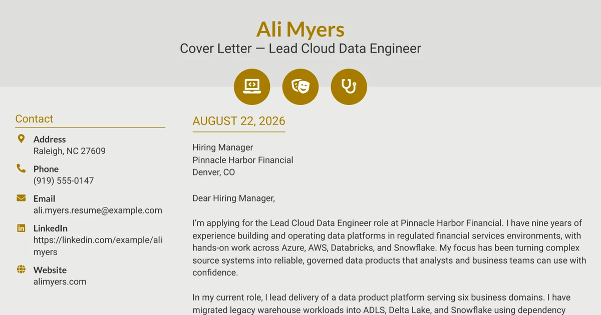 30+ Lead Cloud Data Engineer - Multi-Cloud Data Platforms Cover Letter Templates with Example 2026