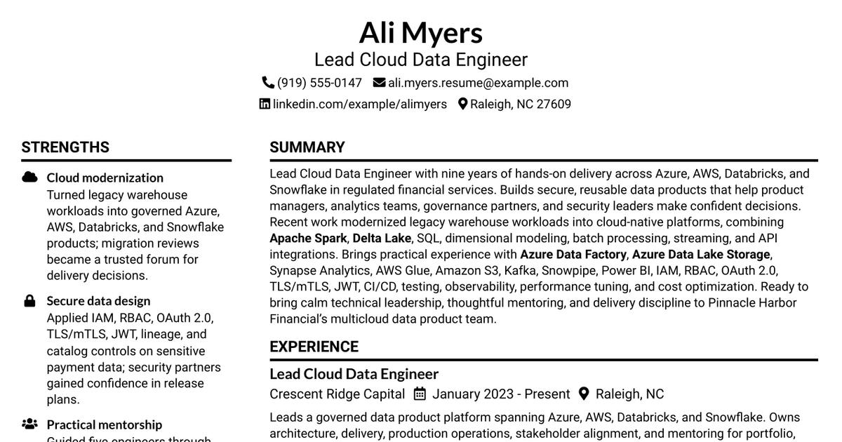 33 Lead Cloud Data Engineer - Multi-Cloud Data Platforms Resume Templates with Example 2026 (ATS-Optimized)