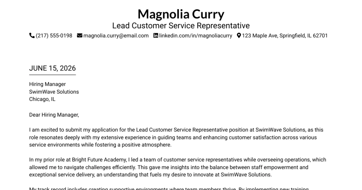 30+ Lead Customer Service Representative Cover Letter Templates with Example 2026