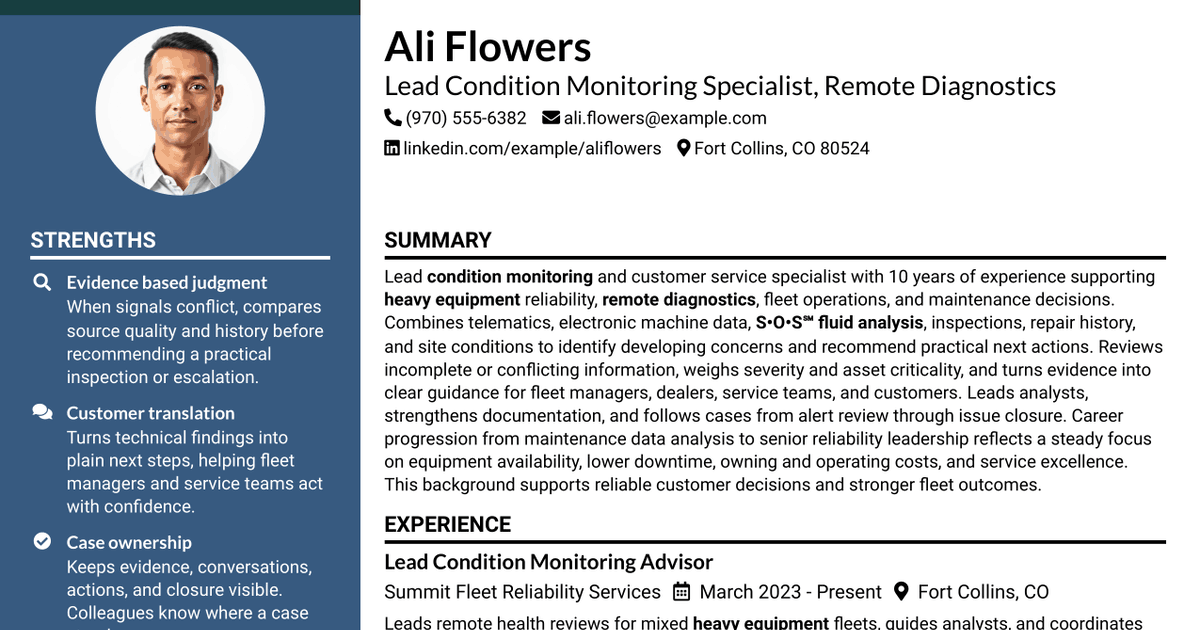 7 Lead Customer Service Specialist - Condition Monitoring Advisor Resume Templates with Example