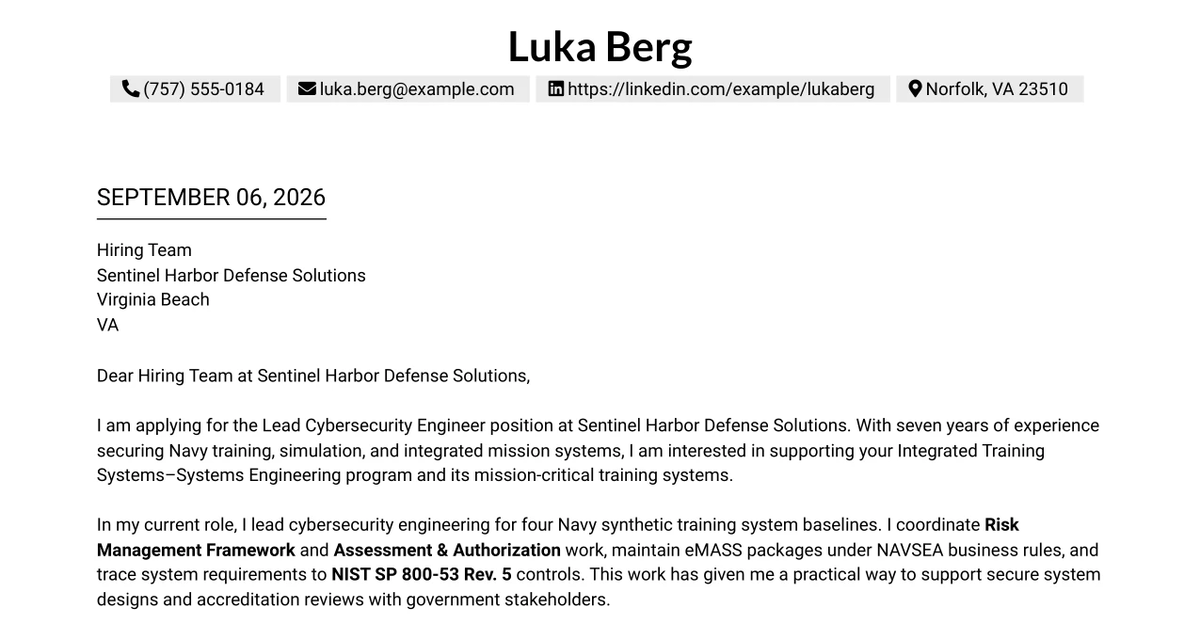 30+ Lead Cybersecurity Engineer (Cyber Network Analysis Tech 3) Cover Letter Templates with Example 2026