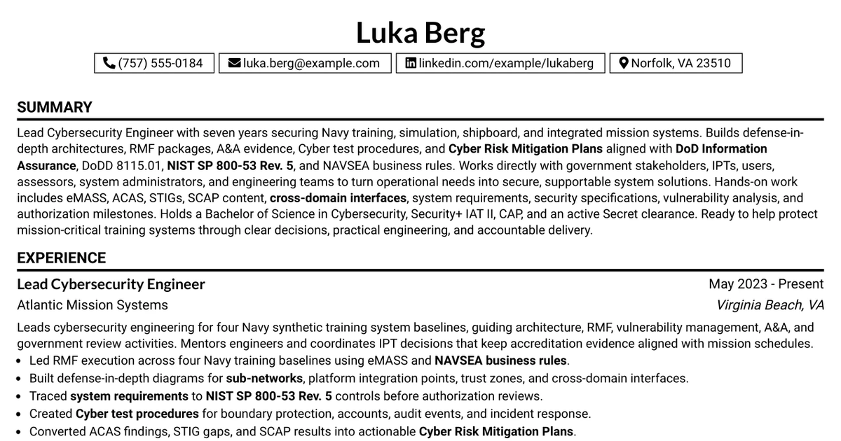 33 Lead Cybersecurity Engineer (Cyber Network Analysis Tech 3) Resume Templates with Example 2026 (ATS-Optimized)