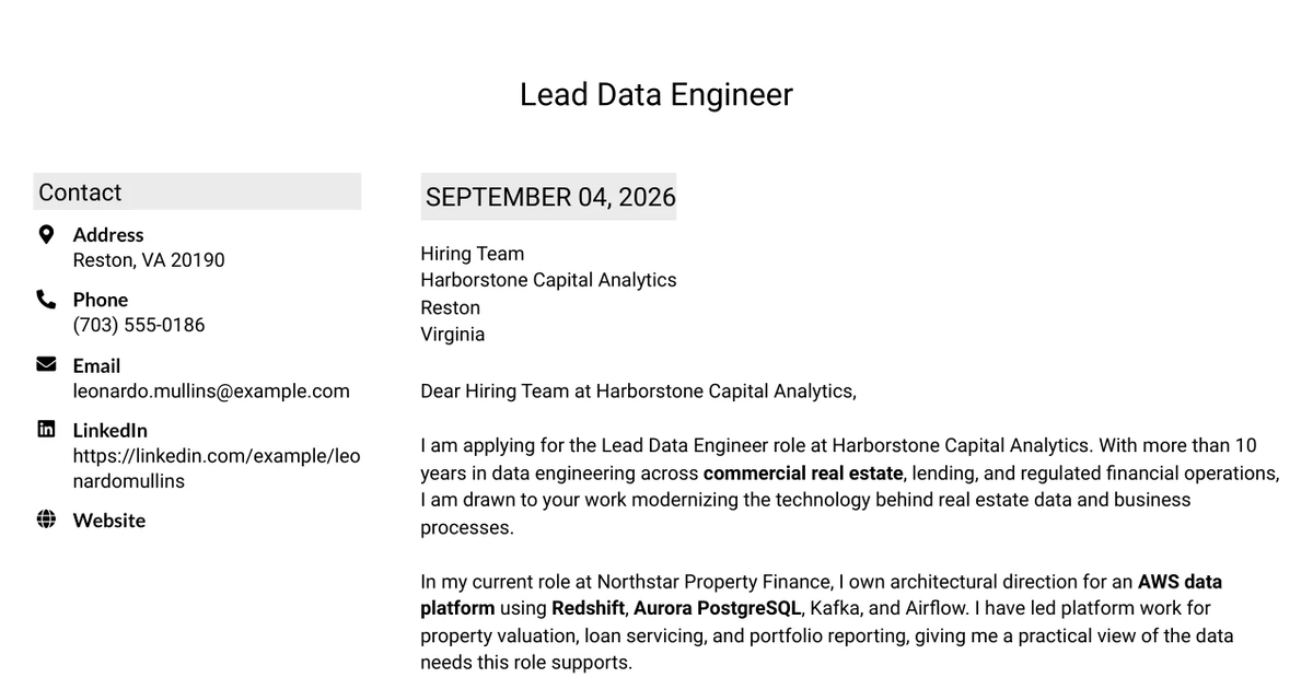 30+ Lead Data Engineer Cover Letter Templates with Example 2026