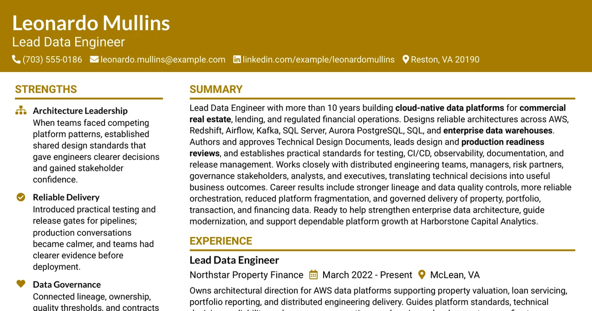 33 Lead Data Engineer Resume Templates with Example 2026 (ATS-Optimized)