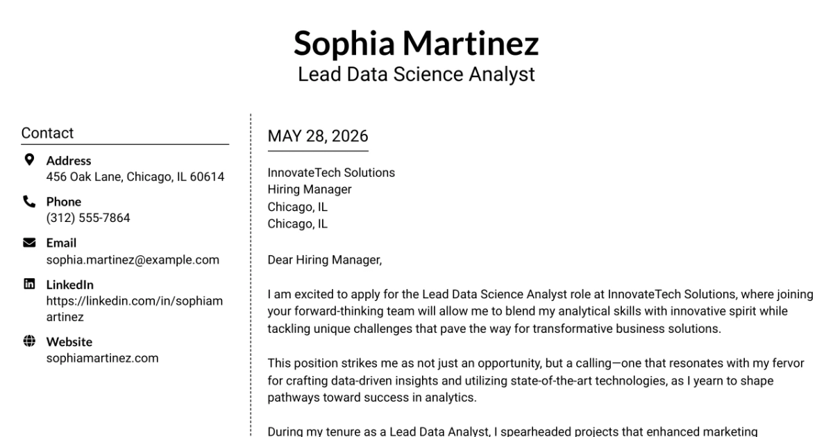 30+ Lead Data Science Analyst Cover Letter Templates with Example 2026
