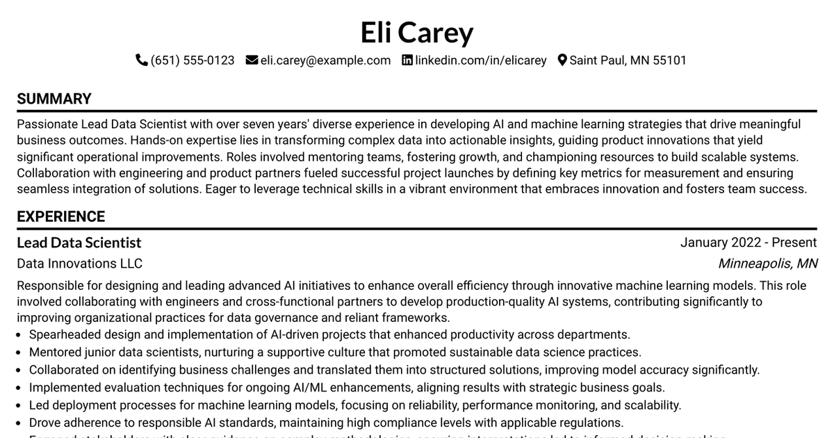 33 Lead Data Scientist - Advanced AI Resume Templates with Example 2026 (ATS-Optimized)