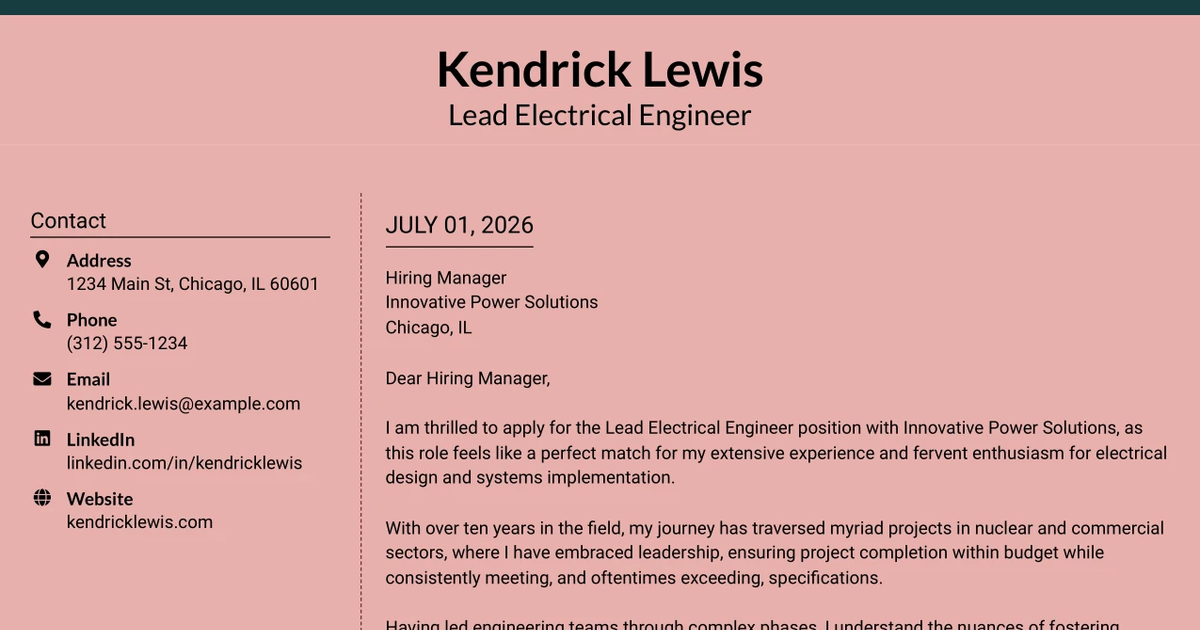 30+ Lead Electrical Engineer 1 Cover Letter Templates with Example 2026
