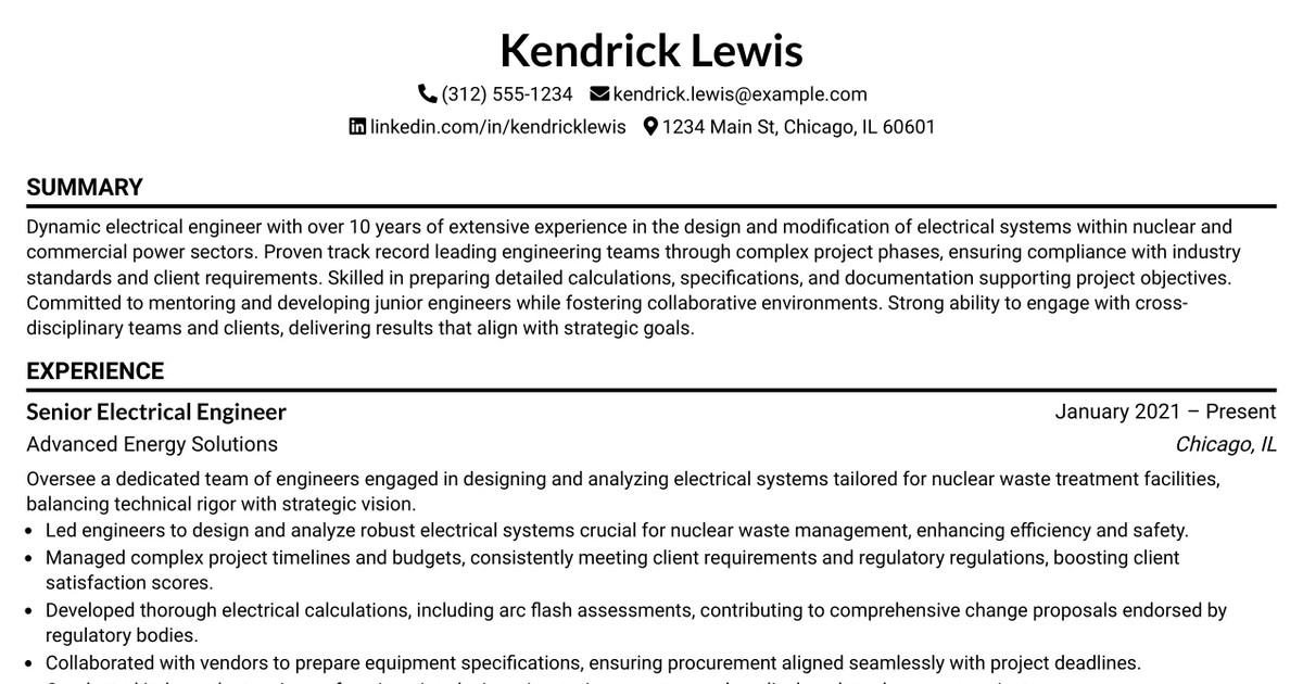 33 Lead Electrical Engineer 1 Resume Templates with Example 2026 (ATS-Optimized)