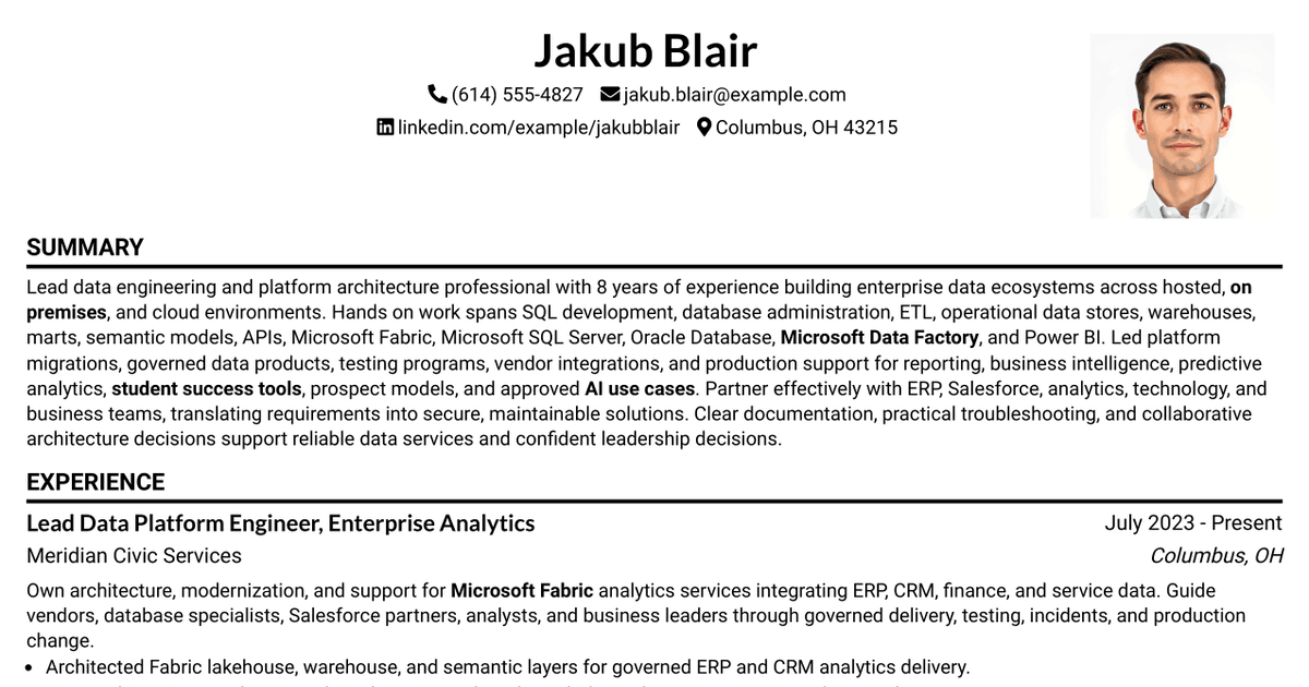 7 Lead Enterprise Data Engineering/Data Platform Architect Resume Templates with Example