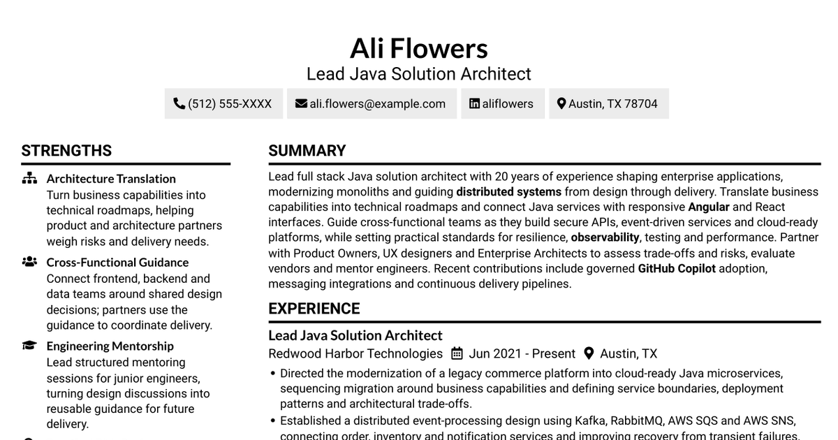 7 Lead Full Stack Java Solution Architect - Angular/React Resume Templates with Example
