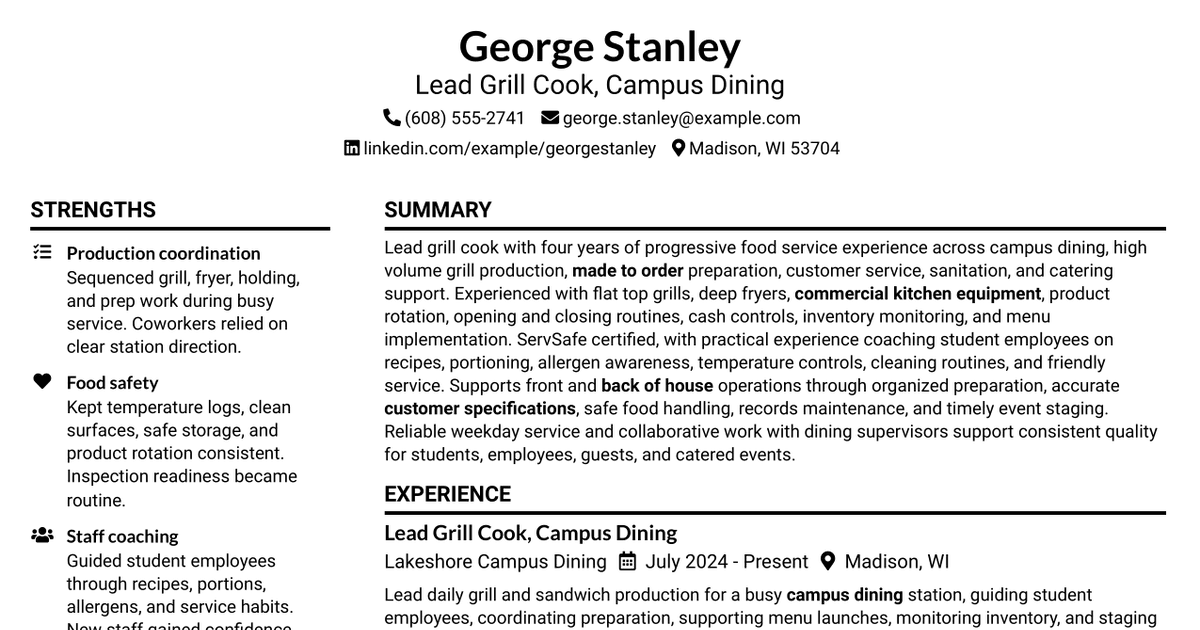 7 Lead Grill Cook Resume Templates with Example